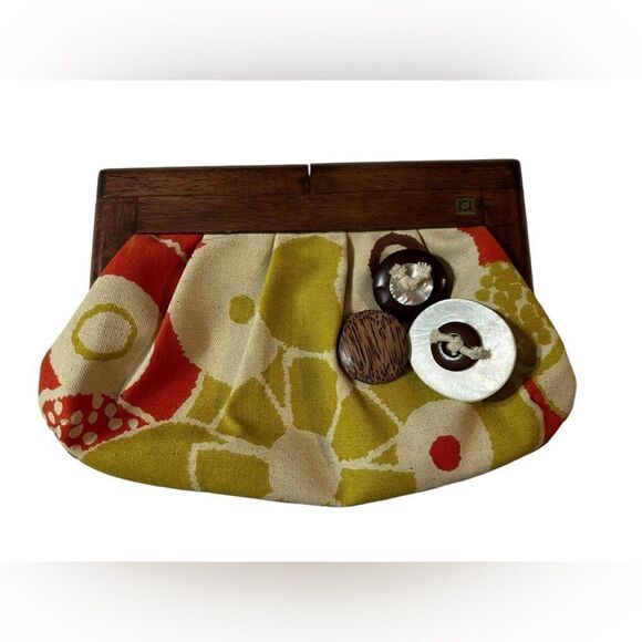 Rafe Wood Handle yellow Floral Canvas Clutch - Picture 1 of 7